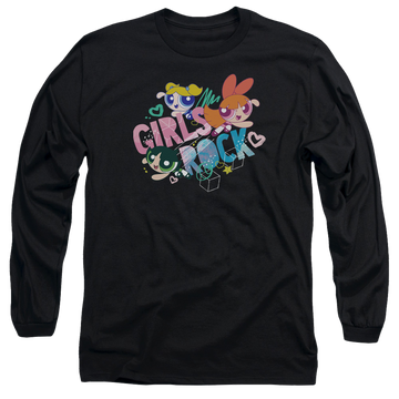 Black men's long sleeve t-shirt with Powerpuff Girls Girls Rock graphic
