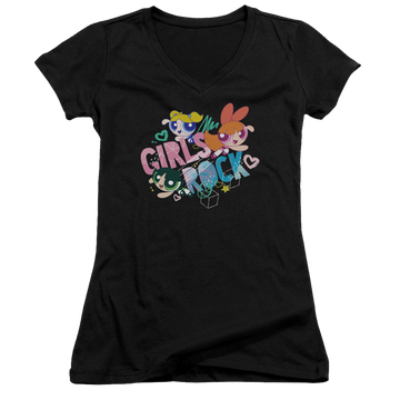 Black juniors v-neck t-shirt with Powerpuff Girls Girls Rock graphic