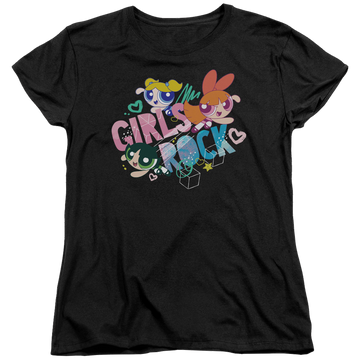 Black women's t-shirt with Powerpuff Girls Girls Rock graphic