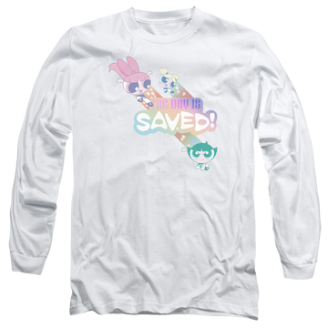 White men's long sleeve t-shirt with Powerpuff Girls The Day Is Saved graphic