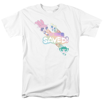 White men's regular fit t-shirt with Powerpuff Girls The Day Is Saved graphic