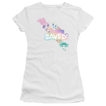 White juniors t-shirt with Powerpuff Girls The Day Is Saved graphic