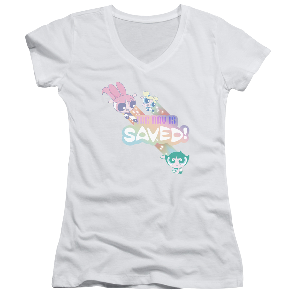 Powerpuff Girls The Day Is Saved Juniors V-Neck T-Shirt Juniors V-Neck T-Shirt Powerpuff Girls