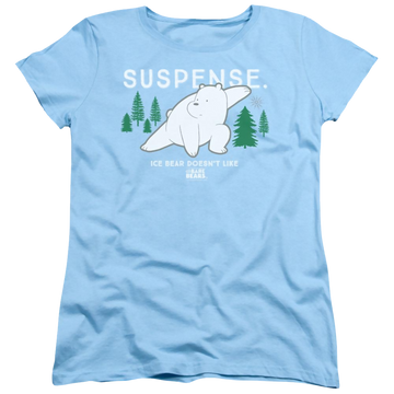 Light blue women's t-shirt with We Bare Bears Suspense graphic