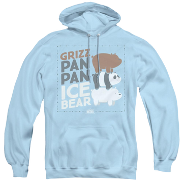 Light blue pullover hoodie with We Bare Bears Grizz Pan Pan Ice Bear graphic