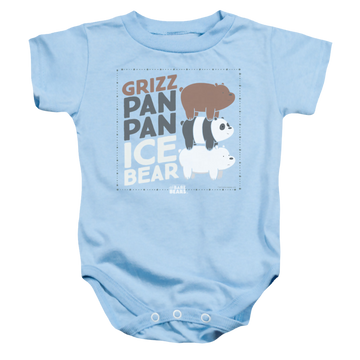 Light blue baby bodysuit with We Bare Bears Grizz Pan Pan Ice Bear graphic
