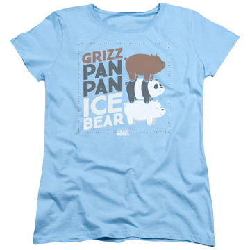 Light blue women's t-shirt with We Bare Bears Grizz Pan Pan Ice Bear graphic