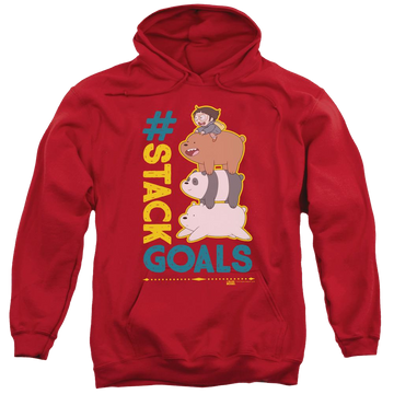 Red pullover hoodie with We Bare Bears Stack Goals graphic