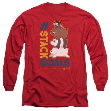 Red men's long sleeve t-shirt with We Bare Bears Stack Goals graphic