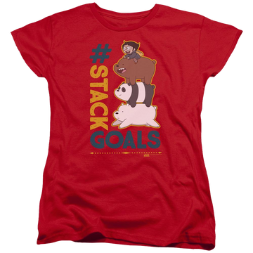 Red women's t-shirt with We Bare Bears Stack Goals graphic