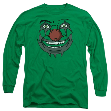 Kelly green men's long sleeve t-shirt with Metalocalypse Doctor Rockso graphic