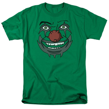 Kelly green men's regular fit t-shirt with Metalocalypse Doctor Rockso graphic