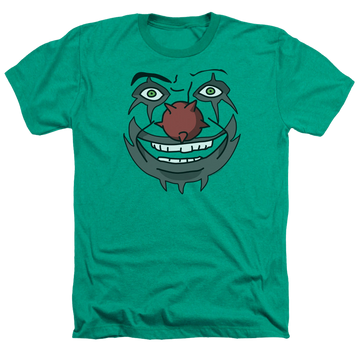 Kelly green men's heather t-shirt with Metalocalypse Doctor Rockso graphic
