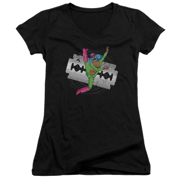 Black juniors v-neck t-shirt with Metalocalypse Rockso Dance graphic
