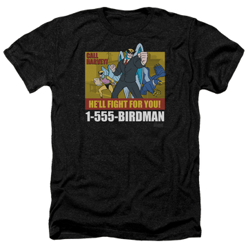 Charcoal men's heather t-shirt with Harvey Birdman Birdman Ad graphic