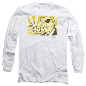 White men's long sleeve t-shirt with Harvey Birdman Phil Ken Sebben graphic