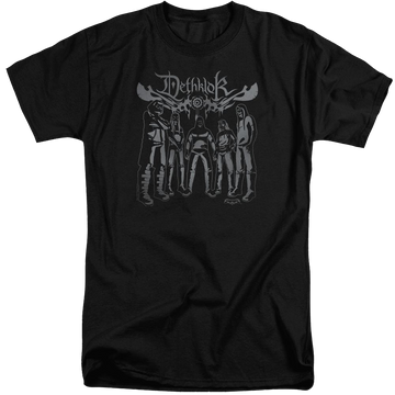 Black men's tall fit t-shirt with Metalocalypse Dethklok Band graphic