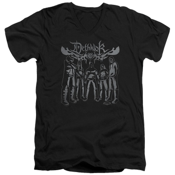 Black men's v-neck t-shirt with Metalocalypse Dethklok Band graphic