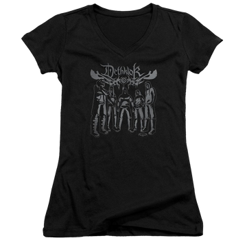 Black juniors v-neck t-shirt with Metalocalypse Dethklok Band graphic
