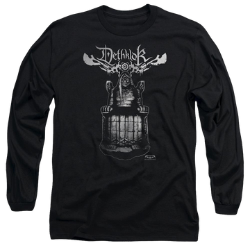 Black men's long sleeve t-shirt with Metalocalypse Statue graphic