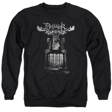 Black men's crewneck sweatshirt with Metalocalypse Statue graphic