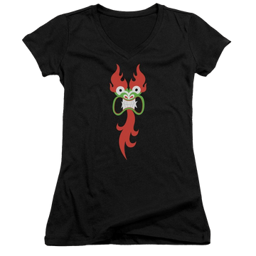 Black juniors v-neck t-shirt with Samurai Jack Aku Face graphic
