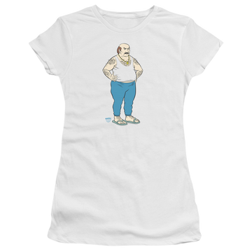 White juniors t-shirt with Aqua Teen Hunger Force Carl graphic