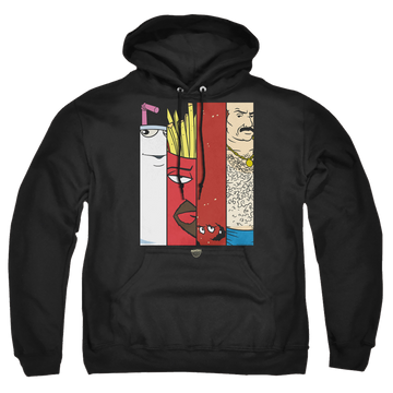Black pullover hoodie with Aqua Teen Hunger Force Group Tiles graphic