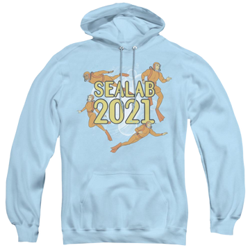 Light blue pullover hoodie with Sealab 2021 Suit Up graphic