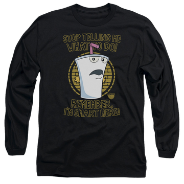 Black men's long sleeve t-shirt with Aqua Teen Hunger Force Stop graphic