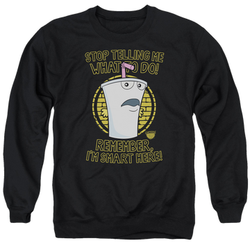 Black men's crewneck sweatshirt with Aqua Teen Hunger Force Stop graphic