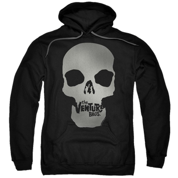Black pullover hoodie with The Venture Bros Skull Logo graphic
