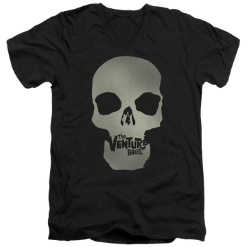 Black men's v-neck t-shirt with The Venture Bros Skull Logo graphic