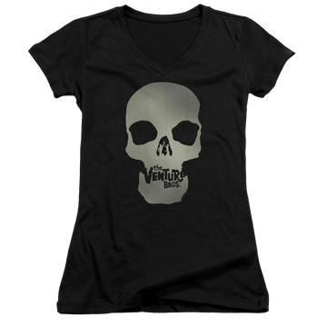 Black juniors v-neck t-shirt with The Venture Bros Skull Logo graphic