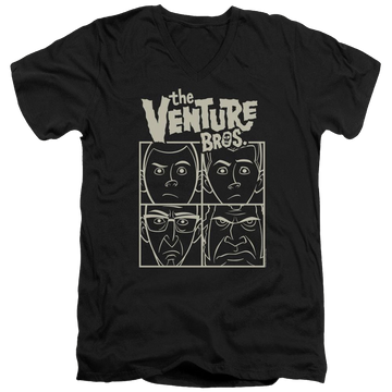 Black men's v-neck t-shirt with The Venture Bros Venture graphic