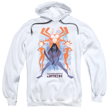 White pullover hoodie with Samurai Jack Jack Vs Evil graphic