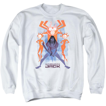 White men's crewneck sweatshirt with Samurai Jack Jack Vs Evil graphic