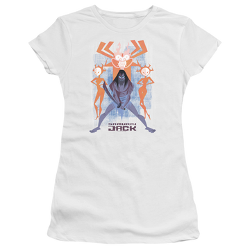 White juniors t-shirt with Samurai Jack Jack Vs Evil graphic