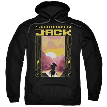 Black pullover hoodie with Samurai Jack Sunrise graphic