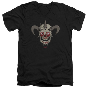 Black men's v-neck t-shirt with Metalocalypse Facebones graphic