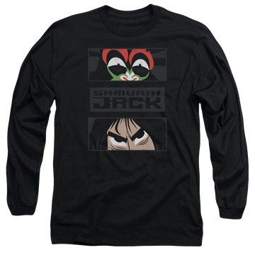 Black men's long sleeve t-shirt with Samurai Jack Stare Down graphic