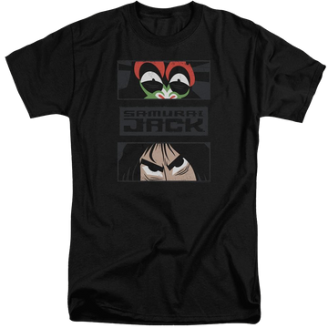 Black men's tall fit t-shirt with Samurai Jack Stare Down graphic