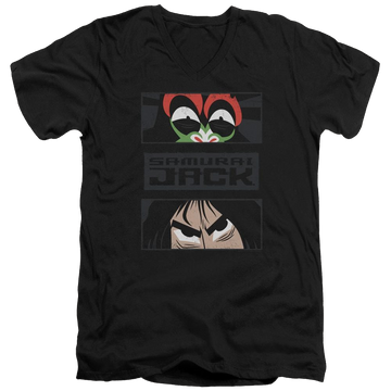 Black men's v-neck t-shirt with Samurai Jack Stare Down graphic