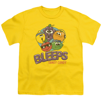 Yellow youth t-shirt for ages 8 to 12 with Dubble Bubble Bleeps graphic