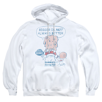 White pullover hoodie with Dubble Bubble Bigger graphic