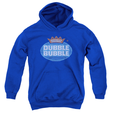 Royal youth hoodie for ages 8 to 12 with Dubble Bubble Vintage Logo graphic