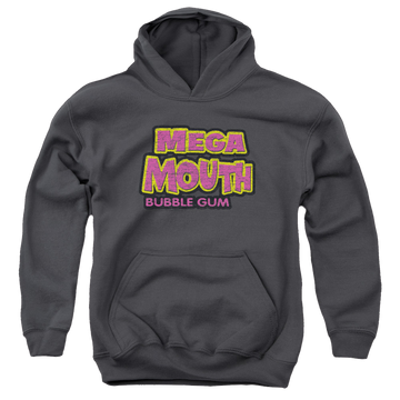 Charcoal youth hoodie for ages 8 to 12 with Dubble Bubble Mega Mouth graphic
