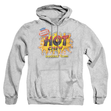 Athletic heather pullover hoodie with Dubble Bubble Hot Chew graphic
