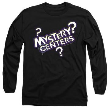 Black men's long sleeve t-shirt with Dubble Bubble Mystery Centers graphic