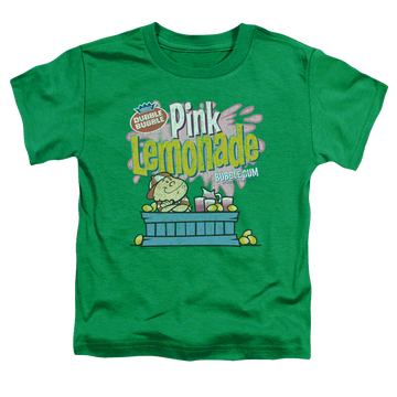 Kelly green kid's t-shirt for ages 4 to 7 with Dubble Bubble Pink Lemonade graphic